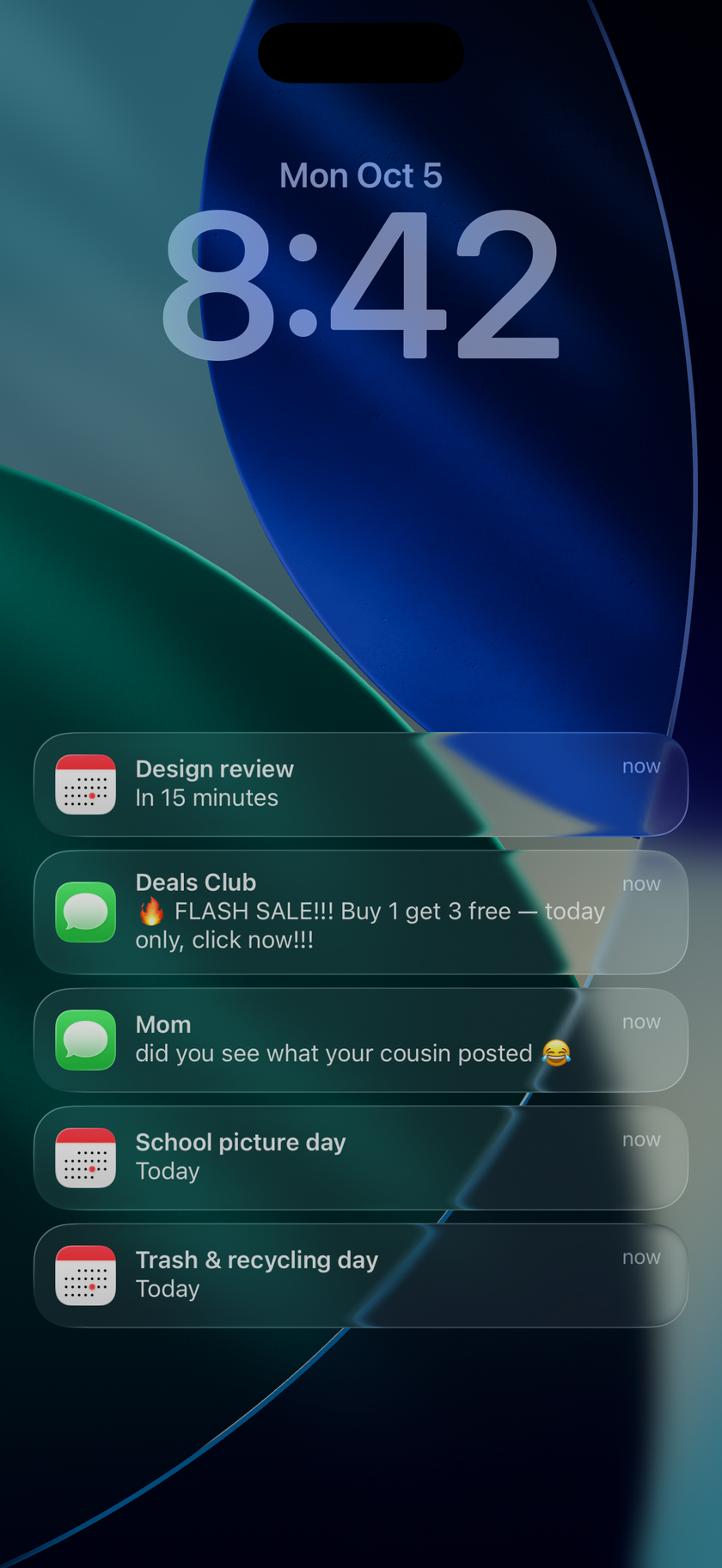 A Lock Screen at 8:42 stacked with five notifications: a calendar alert reading Design review, in 15 minutes, then a flash sale, a text from Mom, and calendar alerts for School picture day and Trash and recycling day, every one of them the same gray banner