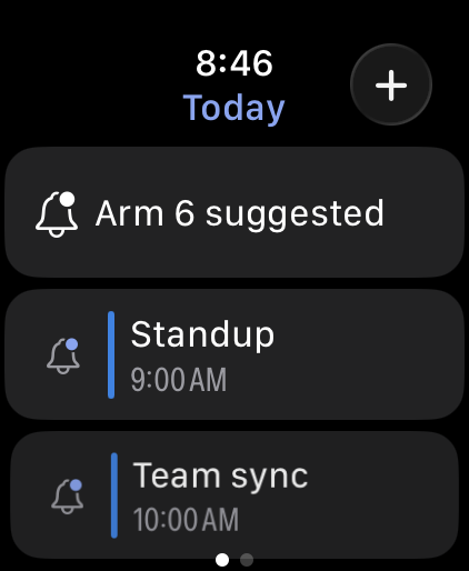 Muster on Apple Watch showing today: Arm 6 suggested, then Standup at 9:00 AM and Team sync at 10:00 AM, each with a bell
