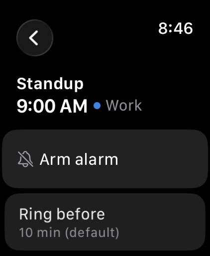 One meeting on Apple Watch: Standup at 9:00 AM on the Work calendar, an Arm alarm button, and a Ring before row reading 10 min (default)