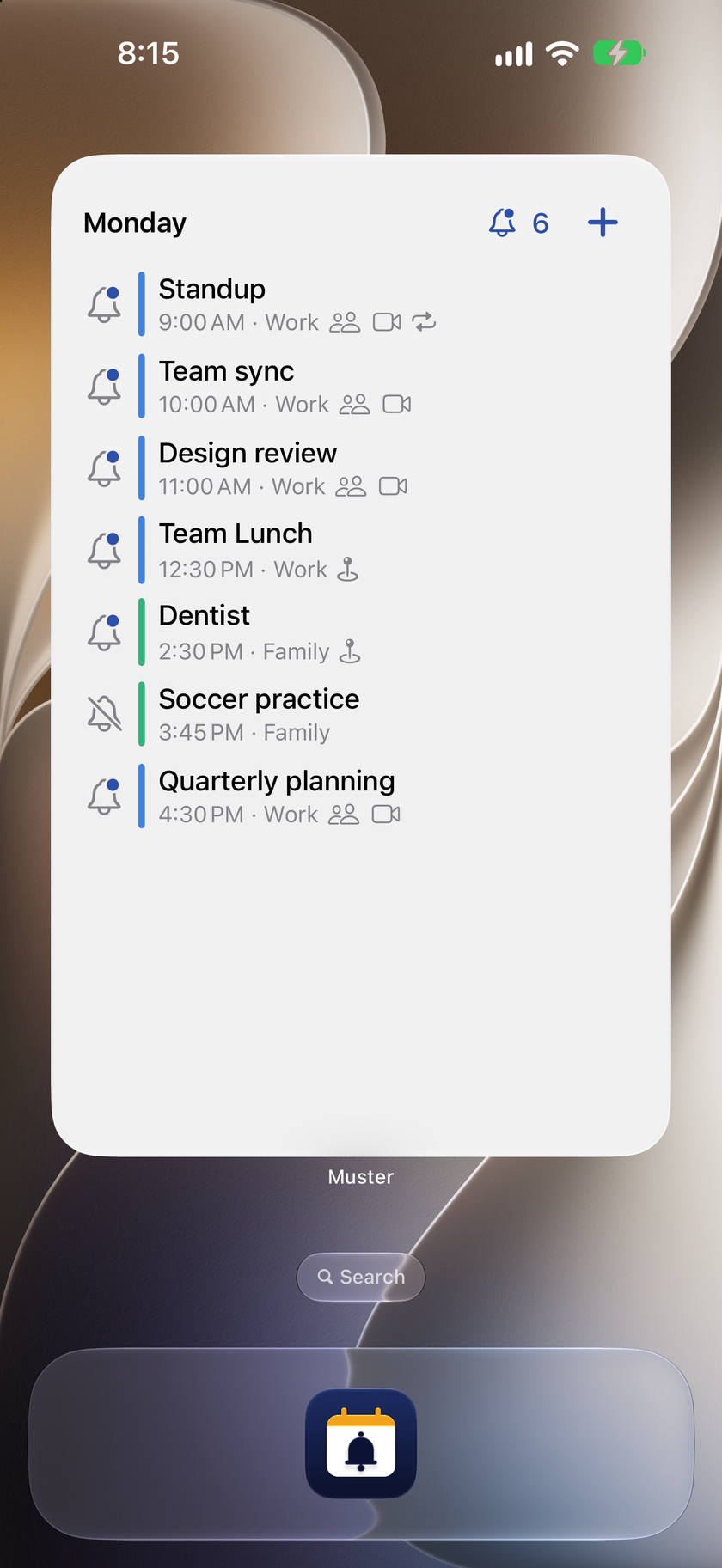 The Muster widget at its tallest size on the Home Screen, listing all seven of the day's events, each led by a bell to tap